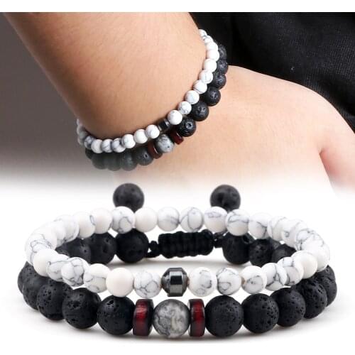 2pcs Men Bracelets Set Natural Tiger Eye Stone Onyx Black Lava Beads Bracelet Handmade Strand Bangles Women Yoga Wrist Jewelry