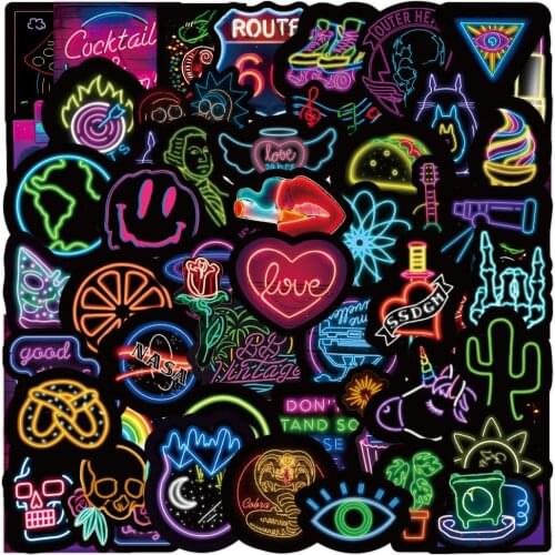 50 PCS Neon Light Sticker Anime Icon Animal Cute Decals Stickers for Children to DIY Guitar Car Laptop Suitcase Fridge Bicycle