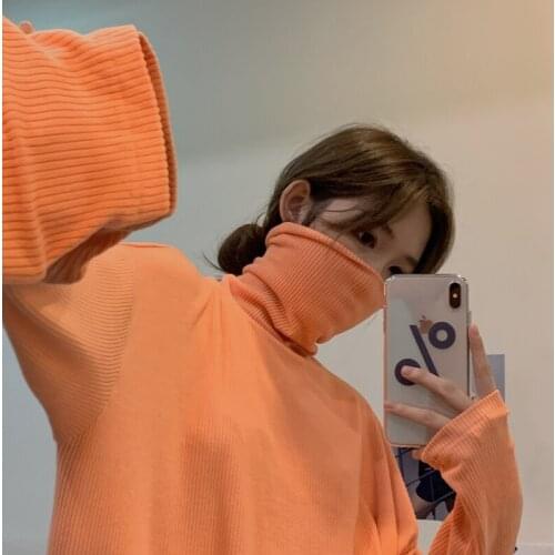 Autumn Winter 2020 New Loose Medium and Long Sweater Women High-necked Long-sleeved Solid Color Simple Knitted Jumper