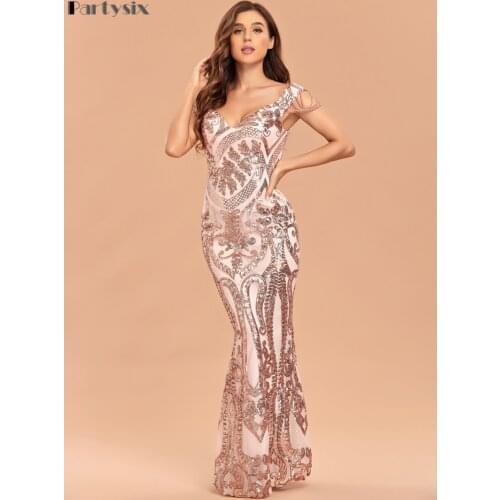 Partysix New Formal evening dress Sexy Women V-Neck Long Sleeveless Sequin Dress Retro geometry Backless Maxi Elegant Dress