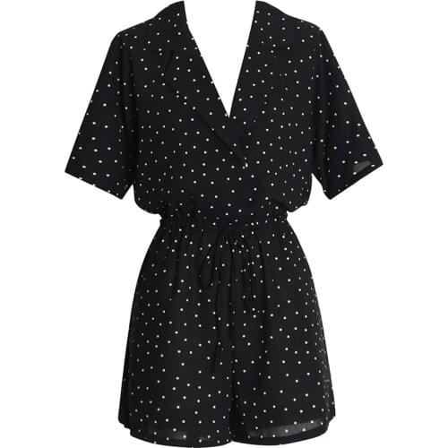 PERHAPS U Black White Polka Dot Turn Down Collar Short Sleeve Playsuit Casual Summer J0004