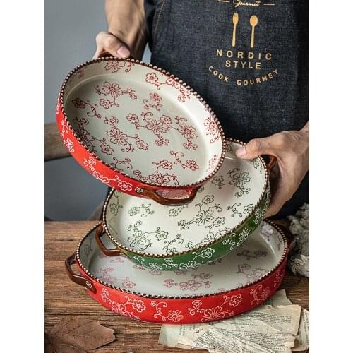 Hand-painted sakura baking pan ceramic household double handle soup plate Japanese restaurant tableware pizza plate bakeware