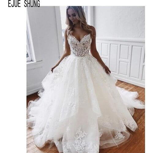EJUE SHUNG New Elegant Boho Wedding Dresses Spaghetti Straps Open Back Lace Appliques Ruffles Wedding Gowns robe de mariee