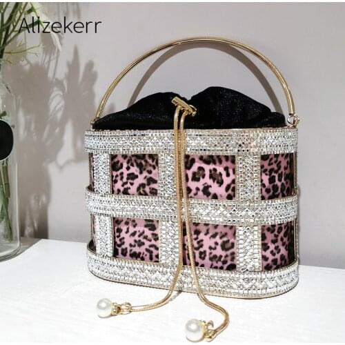 Leopard Print Evening Clutch Bag 2020 New Elegant Hand Made Dianmonds Metal Cage Handbag Ladies Dinner Party Purse High Quality