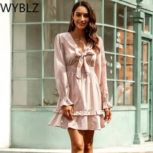 WYBLZ Spring and Summer New Womens Clothing V-Neck Fashion Solid Color Sexy Bow Elastic Waist Dress Office Simple Midi Dress