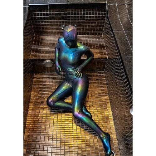 ZD02)Luxury Customize Shiny Colorful Black Mermaid Fetish Wear Zentai Suit Full Body Tights