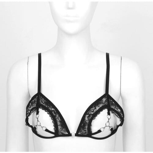 Black Women See Through Sheer Lace Bra Top Sexy Lingerie Adjustable Spaghetti Strap Open Cups Brasiers Metal Ring Linked at Bust