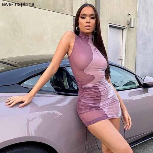 Women Sexy Perspective Outfit Contrast Patchwork Mini Dress Chic Bodycon Sleeveless Undefined Streetwear Midnight Parwear