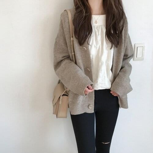 Women Vintage Sweater Cardigan V neck 2020 Autumn New Korean Casual Simple Solid color Fashion Knitting Cardigan Crop Top Z589