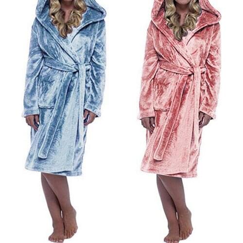 Women Winter Belted Bathrobe With Pockets Soft Warm Coral Fleece Homewear Casual Hooded Solid Color Nightgown Plus Size 5XL