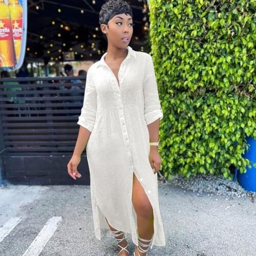 Plus Size Long Shirt Dress Women Button Up Turn-down Collar Loose Casual Dress Oversized Sexy Split Maxi Dress Sundress Vestidos
