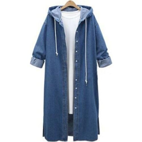 Women Long Loose Denim Coat Hoodie Hooded Outwear Jean Ladies Fall Casual Jacket