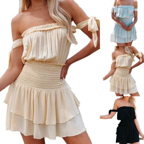 2021 Women Dress Ruffle Low Cut Summer Solid Color Off Shoulder Bow Mini Bodycon Sleeveless Backless V-Neck Dress for Daily Wear