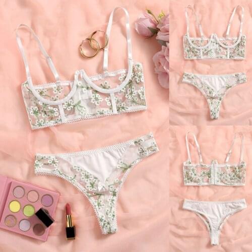 2021 Hot Exotic Lingerie Floral Embroidery Bra G-String Thong Underwear See-through Sexy Lingerie set Lenceria Sensual Mujer