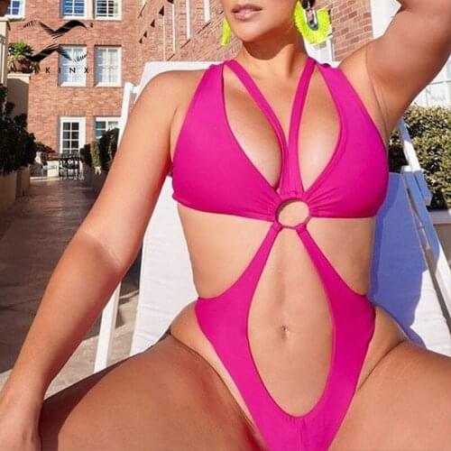 2021 Hollow out one-piece suit Solid bandeau swimsuit womens swimming suit High cut swimwear female Sexy pink bathing suit New