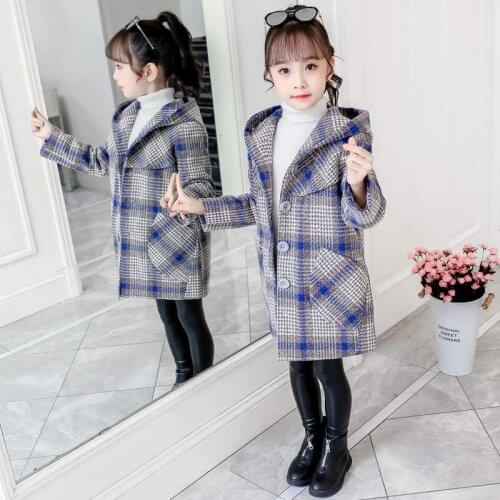2021 Blue Plaid Winter Autumn Woolen Coat Girls Kids Thicken Outerwear Teenage Top Costume Evening Party Childrens Clothing