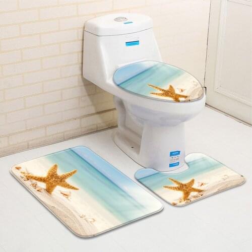3pcs/Set Ocean Beach Bathroom Mat Summer Starfish Shell Drifting Bottle Sea Scenery Flannel Bathtub Toilet Carpet Non-Slip Rug