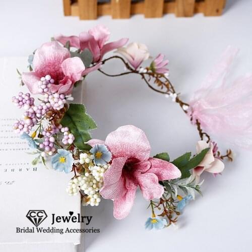 CC Pink Flower Hairbands Wedding Hair Accessories for Women Bridal Crowns Engagement Jewelry Romantic Headdress Garland 58368