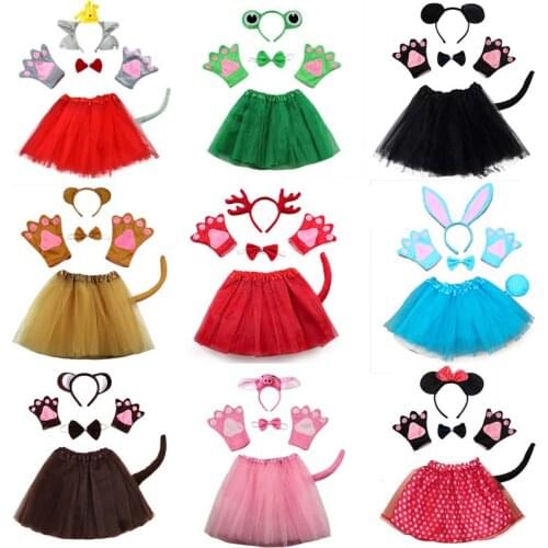 Kids Cartoon Girls Animal Costume Rabbit Mouse Monkey Bear Wolf Frog Fox Pig Gloves Headband Tutu Dress Halloween Party Cosplay
