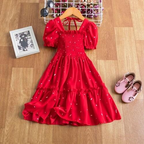 Girls Red Ruffles Princess Dress For Kids Elegant Party Wedding Birthday Ball Gown 3-8 Years Children Summer Dot Print Clothes
