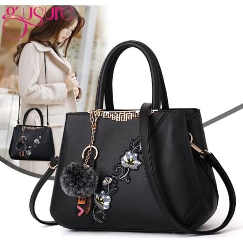 Gusure Elegant Embroideried Flower Women Handbags Messenger Bag with Hairy Ball High Capacity Shoulder Bags for Ladies Mother