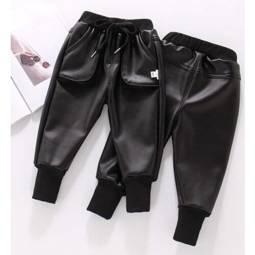 Fashion Baby Girl Boy PU Leather Pant Loose Velvet Infant Toddler Child Warm Cargo Trousers Winter Spring Kid Clothes 1-8Y