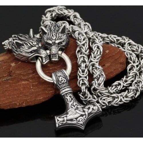 Fashion Personality Wolf Head and Viking Quake Hammer Pendant Nordic Amulet Necklaces for Mne Jewelry