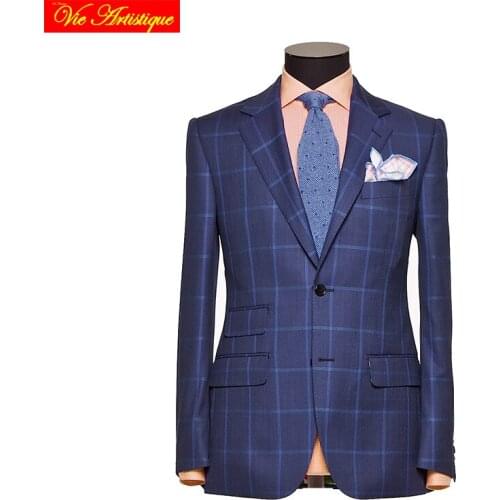 Custom tailor made Mens suits business formal wedding ware bespoke 2 piece (Jacket+Pants+Vest) plaid wool polyester slim fit