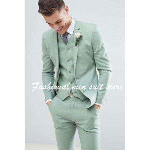 Costume Homme Light Green Men Suits 3 Pcs Notch Lapel Fashion Groom Wedding Terno Masculino Slim Fit Blazer Jacket+Pant+Vest
