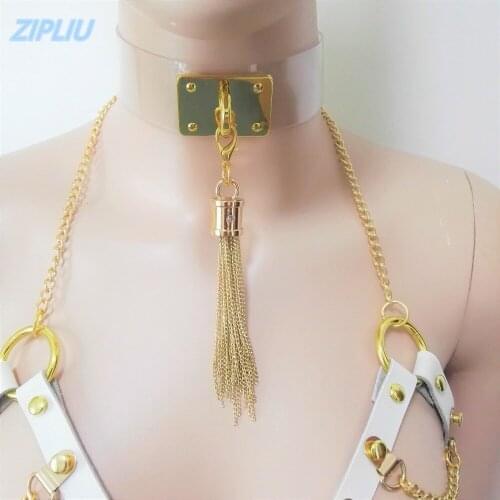 New Fashion Sexy Harajuku Leather Punk Choker Necklace Handmade Gold-color Tassel Pendent Jewelry