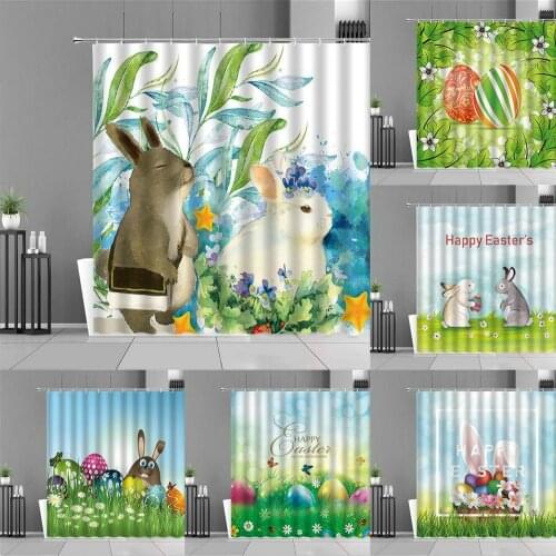 Easter Cartoon Rabbit Colored Eggs Shower Curtain Spring Plants Flowers Leaves Scenery Bath Curtains Kids Home Bathroom Decor