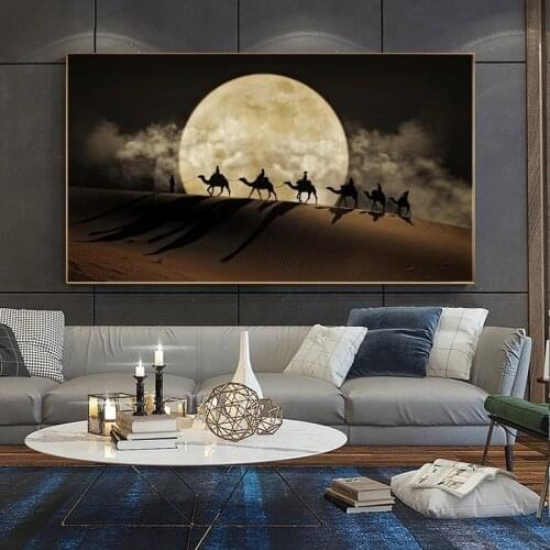 Landscape Canvas Painting Desert Wall Art Posters And Prints Camel in the Desert Canvas Art Moon Night Scene Picture Wall Decor