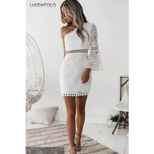 Sexy Lace Pencil Dress Women One-shoulder Slim Party Dresses Summer Lady White Casual Mini DressLugentolo