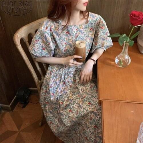 2021 French Style Vintage Puff Sleeve Floral Print Dresses Women Midi Long Party Dress Vestido Feminino Dress for Women 14557