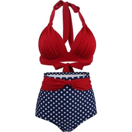 Pleated Bikini Red Top Navy Blue With White Dots Bottom Women Classic High Waist Halter Bikini Sets Plus Size Two-piece Swimwear