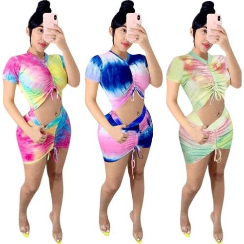 Tie Dyed Drawstring Pleated Jacket Mini Skirt Womens Two Piece Set Can Be Sweet or Spicy Style Fashion Sexy Small Fresh Skirt