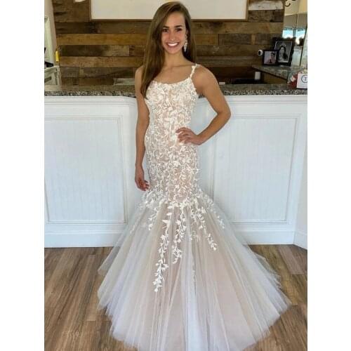 Romantic Open Back Mermaid Wedding Dress Spaghetti Scoop Neck Lace-up Sweep Train Wedding Gowns Tulle Appliques Bride Dresses