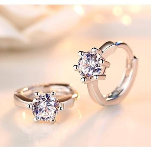 Luxury 925 Sterling Silver Zircorn Six claws Round Earrings Bridal Wedding Jewellery Pendientes eh032