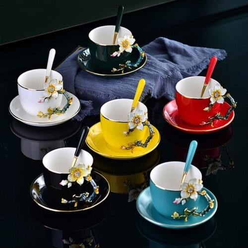 Creativity ceramic Coffee Cup Saucer Handmade Enamel painted Alloy handle coffee cup retro coffee mug afternoon tea Cup