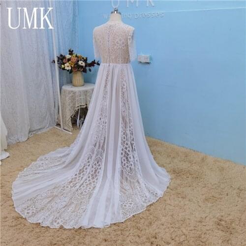 UMK Lace Short Sleeve Boho Wedding Dress Chiffon Beach Pearl Buttons 2021 Elegant Bohemia Bridal Gowns