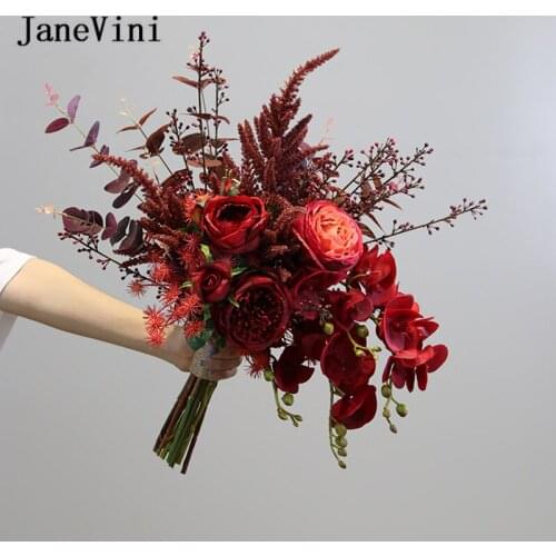 JaneVini 2020 Gorgeous Dark Red Bridal Silk Bouquet Wedding Flowers Handmade Rose Phalaenopsis Autumn Fleur Artificielle Mariage