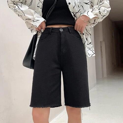 Women Summer Retro Jeans Shorts High Waist Knee Length Denim Long Shorts School Girls Ladies Harajuku Bermuda Shorts Streetwear