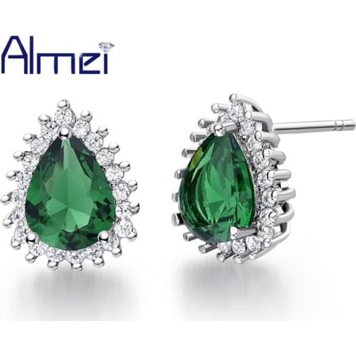 Almei Online Shopping India Silver Color Women Stud Earring Love Heart Green Pink Blue Crystal Earrings Jewelry 5% Off R815