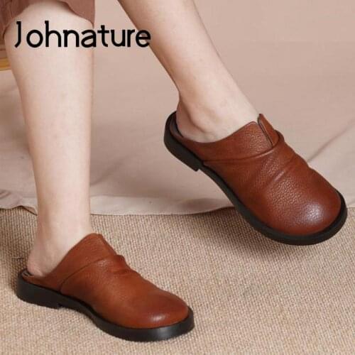 Johnature Summer Slippers Women Shoes 2021 New Genuine Leather Outside Concise Flat With Slides Handmade Leisure Ladies Slippers