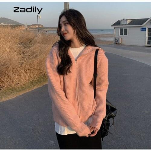 Zadily Chic Long Sleeve Zipper Pink Womens Sweater 2021 Autumn Knit Female Cardigan Coat Korean style Winter Outwear Clothing