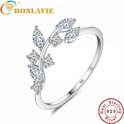 BONLAVIE 925 Sterling Silver Tree Rattan Ring Fashion Women Birthday Gift Wedding Ring Cubic Zirconia Resizable Knuckle Ring