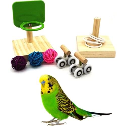 1Set Pet Bird Chew Toys Parrot Basketball Hoop Prop Trick Tabletop Ring Mini Roller Skates Parakeet Intelligence Training Puzzle
