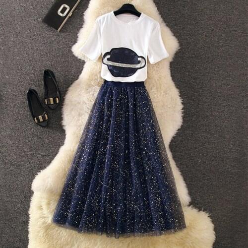 2021 New Summer Womens Two Piece Set Short Sleeve Sequined Planet T-shirt + Elastic Waist Mesh Skirt Set Ladies Skirt Suits