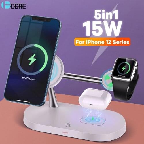 5 in 1 Magnetic Wireless Charger 15W Fast Charging Station Stand LED Light for iPhone 12 Pro Max Mini Apple Watch 6 Airpods Pro