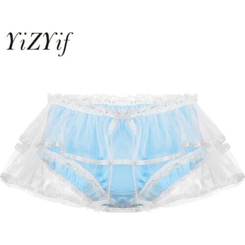 Satin Briefs Men Sissy Smooth Satin Underwear Sissy Panties Double Mesh Layers Lace Trim Underwear Gay Men Panties Sexy Lingerie